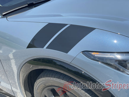 View of 2021-2026 Ford Mustang Mach-E Hood to Fender Stripes BREAKER DOUBLE BAR Hood Decals Vinyl Graphics Kit