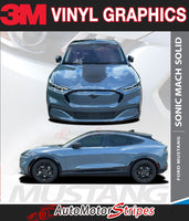View of 2021-2026 Ford Mustang Mach-E Hood Stripes MACH SONIC SOLID Trunk and Side Rocker Rally Decals Vinyl Graphics Kit