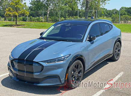 View of 2021-2026 Ford Mustang Mach-E Racing Stripes Hood RALLY Stripes Vinyl Graphics 3M Decals