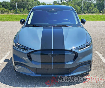 View of 2021-2026 Ford Mustang Mach-E Racing Stripes Hood RALLY Stripes Vinyl Graphics 3M Decals