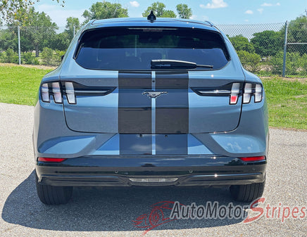 View of 2021-2026 Ford Mustang Mach-E Racing Stripes Hood RALLY Stripes Vinyl Graphics 3M Decals