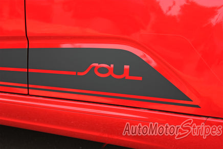 Red Kia Soul with 'soul' decal and 'AutoMotorStripes' branding.