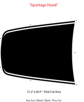 2023-2026 Kia Sportage hood decal with dimensions and cut area details on a white background