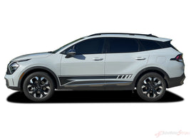 Side view of a 2023-2026 Kia Sportage white SUV with black accents on a white background