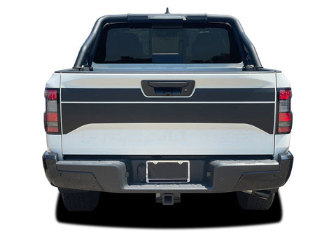 Rear view of 2022-2026 Nissan Frontier Tailgate Blackout Graphic Vinyl Stripes Decals Kit