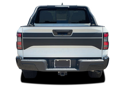 Rear view of 2022-2026 Nissan Frontier Tailgate Blackout Graphic Vinyl Stripes Decals Kit