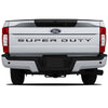 Back view of a 2020-2022 Ford F-250 Super Duty Rear Tailgate Letter Decals Text Stripes Vinyl Decal 3M Graphics Ford Super Duty truck on a white background