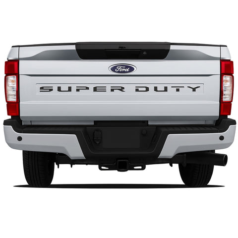 Back view of a 2020-2022 Ford F-250 Super Duty Rear Tailgate Letter Decals Text Stripes Vinyl Decal 3M Graphics Ford Super Duty truck on a white background