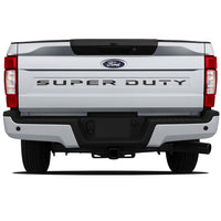 Back view of a 2020-2022 Ford F-250 Super Duty Rear Tailgate Letter Decals Text Stripes Vinyl Decal 3M Graphics Ford Super Duty truck on a white background