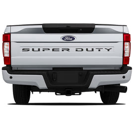 Back view of a 2020-2022 Ford F-250 Super Duty Rear Tailgate Letter Decals Text Stripes Vinyl Decal 3M Graphics Ford Super Duty truck on a white background