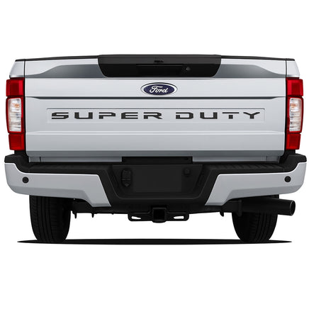 Back view of a 2020-2022 Ford F-250 Super Duty Rear Tailgate Letter Decals Text Stripes Vinyl Decal 3M Graphics Ford Super Duty truck on a white background
