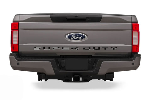 Back view of a Ford Super Duty truck on a white background, 2023-2026 Ford F-250 Super Duty Rear Tailgate Letter Decals Text Stripes Vinyl Decal 3M Graphics