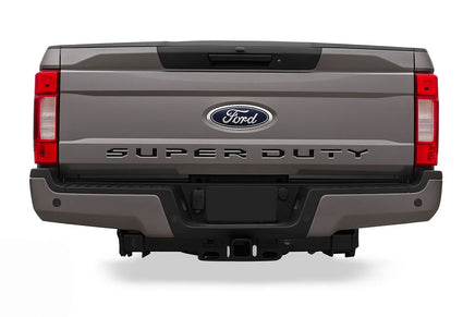 Back view of a Ford Super Duty truck on a white background, 2023-2026 Ford F-250 Super Duty Rear Tailgate Letter Decals Text Stripes Vinyl Decal 3M Graphics