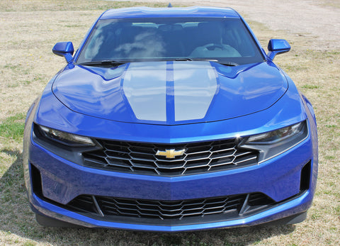 Detailed view of 2019-2024 Chevy Camaro Racing Stripes Rev Sport Rally Hood Decals Vinyl Graphics Kit