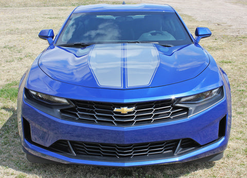 Detailed view of 2019-2024 Chevy Camaro Racing Stripes Rev Sport with Pin Outline Rally Hood Decals Vinyl Graphics Kit