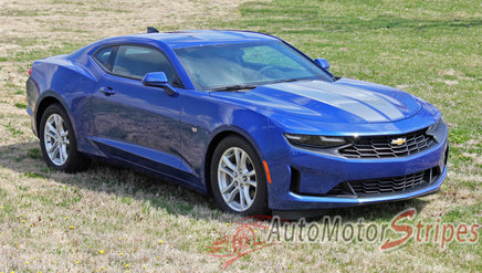 Detailed view of 2019-2024 Chevy Camaro Racing Stripes Rev Sport with Pin Outline Rally Hood Decals Vinyl Graphics Kit