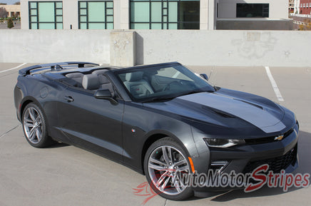 Detailed view of 2016-2018 Chevy Camaro Convertible Overdrive Center Wide Hood Roof Trunk Spoiler Rally Racing 3M Stripes Kit fits SS RS V6 - Passenger Side View