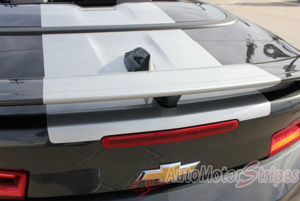 Detailed view of 2016-2018 Chevy Camaro Convertible Overdrive Center Wide Hood Roof Trunk Spoiler Rally Racing 3M Stripes Kit fits SS RS V6 - Rear Trunk Spoiler View
