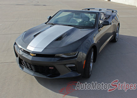 Detailed view of 2016-2018 Chevy Camaro Convertible Overdrive Center Wide Hood Roof Trunk Spoiler Rally Racing 3M Stripes Kit fits SS RS V6 - Hood View