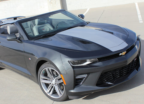 Detailed view of 2016-2018 Chevy Camaro Convertible Overdrive Center Wide Hood Roof Trunk Spoiler Rally Racing 3M Stripes Kit fits SS RS V6