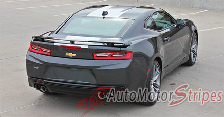 Detailed view of 2016-2018 Chevy Camaro Overdrive Center Wide Hood Roof Trunk Spoiler Rally Racing 3M Stripes Kit fits SS RS V6