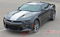 Detailed view of 2016-2018 Chevy Camaro Overdrive Center Wide Hood Roof Trunk Spoiler Rally Racing 3M Stripes Kit fits SS RS V6