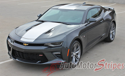 Detailed view of 2016-2018 Chevy Camaro Overdrive Center Wide Hood Roof Trunk Spoiler Rally Racing 3M Stripes Kit fits SS RS V6