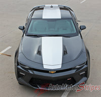 Detailed view of 2016-2018 Chevy Camaro Overdrive Center Wide Hood Roof Trunk Spoiler Rally Racing 3M Stripes Kit fits SS RS V6