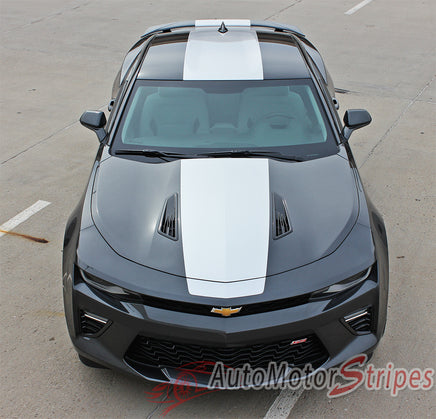Detailed view of 2016-2018 Chevy Camaro Overdrive Center Wide Hood Roof Trunk Spoiler Rally Racing 3M Stripes Kit fits SS RS V6