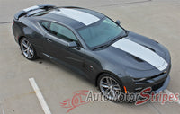 Detailed view of 2016-2018 Chevy Camaro Overdrive Center Wide Hood Roof Trunk Spoiler Rally Racing 3M Stripes Kit fits SS RS V6