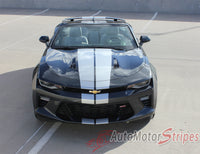 Detailed view of 2016-2018 Chevy Camaro Convertible Turbo Rally OEM Factory Style Bumper to Bumper 3M Racing Stripes Package for SS RS V6 Models - Front Bumper and Hood View