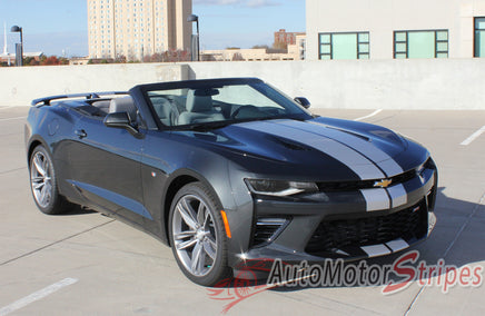 Detailed view of 2016-2018 Chevy Camaro Convertible Turbo Rally OEM Factory Style Bumper to Bumper 3M Racing Stripes Package for SS RS V6 Models - Front View