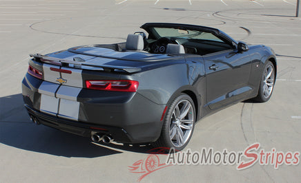 Detailed view of 2016-2018 Chevy Camaro Convertible Turbo Rally OEM Factory Style Bumper to Bumper 3M Racing Stripes Package for SS RS V6 Models - Rear View