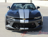Detailed view of 2016-2018 Chevy Camaro Convertible Turbo Rally OEM Factory Style Bumper to Bumper 3M Racing Stripes Package for SS RS V6 Models - Front Hood View