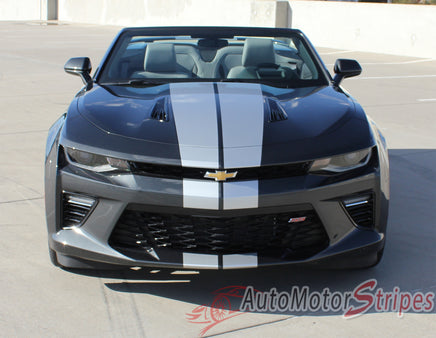 Detailed view of 2016-2018 Chevy Camaro Convertible Turbo Rally OEM Factory Style Bumper to Bumper 3M Racing Stripes Package for SS RS V6 Models - Front Hood View