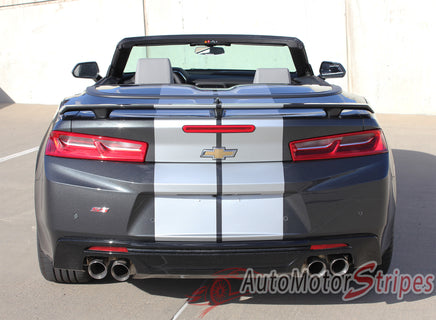 Detailed view of 2016-2018 Chevy Camaro Convertible Turbo Rally OEM Factory Style Bumper to Bumper 3M Racing Stripes Package for SS RS V6 Models - Rear View
