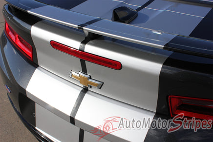 Detailed view of 2016-2018 Chevy Camaro Convertible Turbo Rally OEM Factory Style Bumper to Bumper 3M Racing Stripes Package for SS RS V6 Models - Rear Bumper View