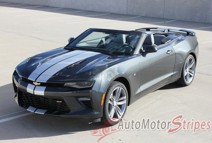 Detailed view of 2016-2018 Chevy Camaro Convertible Turbo Rally OEM Factory Style Bumper to Bumper 3M Racing Stripes Package for SS RS V6 Models - Front Driver Side View