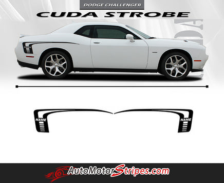 Detailed view of 2008-2023 Dodge Challenger Cuda Strobe Rear Sides Only Mopar OEM Factory Style Rear Quarter Panel Rally Vinyl Graphics 3M Stripe Kit