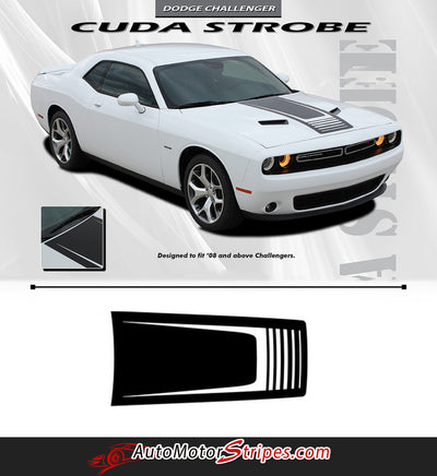 Detailed view of 2008-2023 Dodge Challenger Cuda Strobe Hood Only Mopar OEM Style Hood Rally Vinyl Graphic 3M Decals Package
