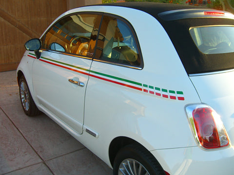 Detailed view of 2007-2020 Fiat 500 Italian Side Accent Red and Green Door Stripes Vinyl Graphic Kit