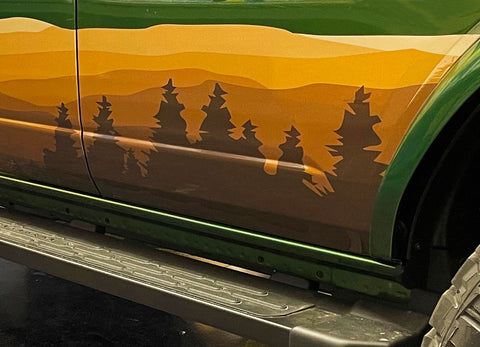 Detailed view of 2021-2025 Ford Bronco Full Size WANDERER Side Body Stripes Upper Door Accent Decals Vinyl Graphics Kits 3M