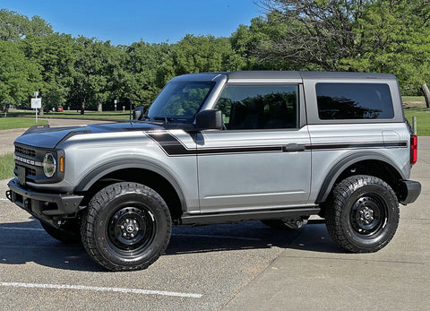 Detailed view of 2021-2025 Ford Bronco Full Size CINCH 2 DOOR Side Body Stripes Upper Door Accent Decals Vinyl Graphics Kits 3M