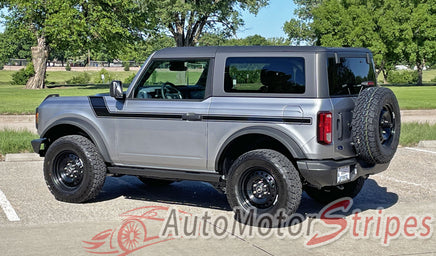 Detailed view of 2021-2026 Ford Bronco Full Size CINCH 2 DOOR Side Body Stripes Upper Door Accent Decals Vinyl Graphics Kits 3M