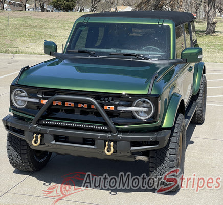 Detailed view of 2021-2026 Ford Bronco Full Size BRONCO HOOD Stripes Accent Decals Vinyl Graphics Kits 3M