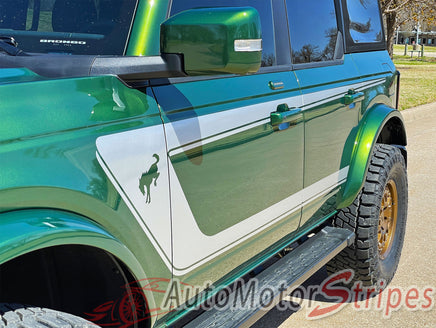 Detailed view of 2021-2026 Ford Bronco Full Size HORSESHOE Side Body Stripes Upper Door Accent Decals Vinyl Graphics Kits 3M