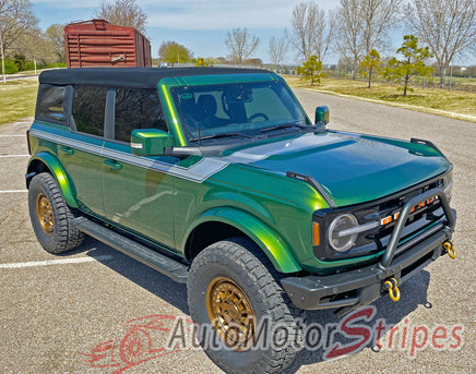 Detailed view of 2021-2026 Ford Bronco Full Size CINCH Side Body Stripes Upper Door Accent Decals Vinyl Graphics Kits 3M
