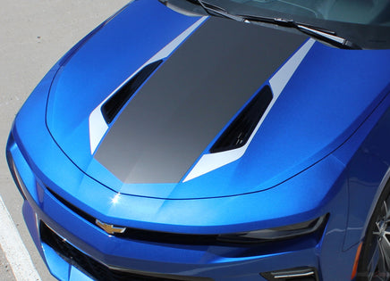Detailed view of 2016-2028 Chevy Camaro 50th Anniversary Heritage Indy 500 Style Center Wide Hood Trunk Spoiler Rally Racing 3M Stripes Kit fits SS RS V6