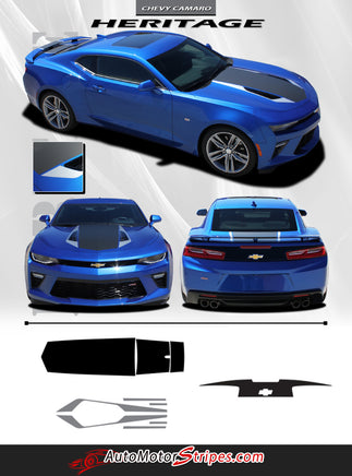 Detailed view of 2016-2028 Chevy Camaro 50th Anniversary Heritage Indy 500 Style Center Wide Hood Trunk Spoiler Rally Racing 3M Stripes Kit fits SS RS V6