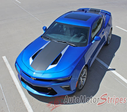Detailed view of 2016-2028 Chevy Camaro 50th Anniversary Heritage Indy 500 Style Center Wide Hood Trunk Spoiler Rally Racing 3M Stripes Kit fits SS RS V6